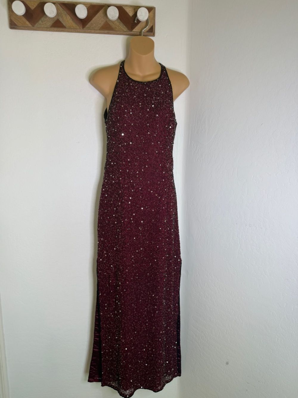 Scala Vintage Burgundy Sequin Halter Open Back Maxi Dress M